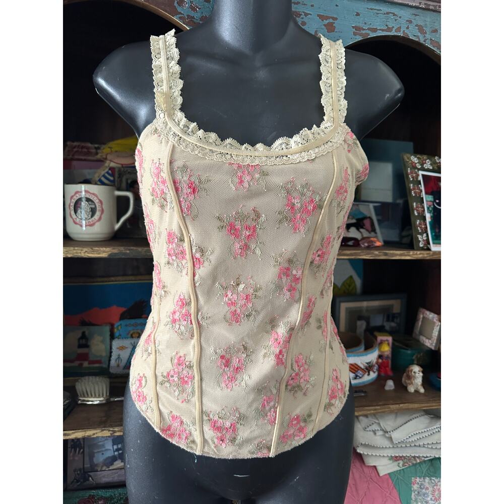 VINTAGE 90's GUESS JEANS AUTHENTIC FLORAL MESH CAMISOLE CORSET TOP